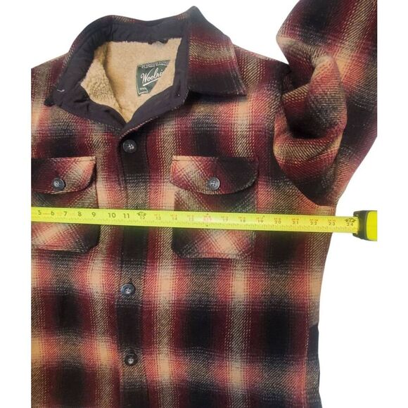 Woolrich Fleece Sherpa Lined Wool Plaid Button Down Shirt Coat Jacket Size L. Di - Picture 9 of 10